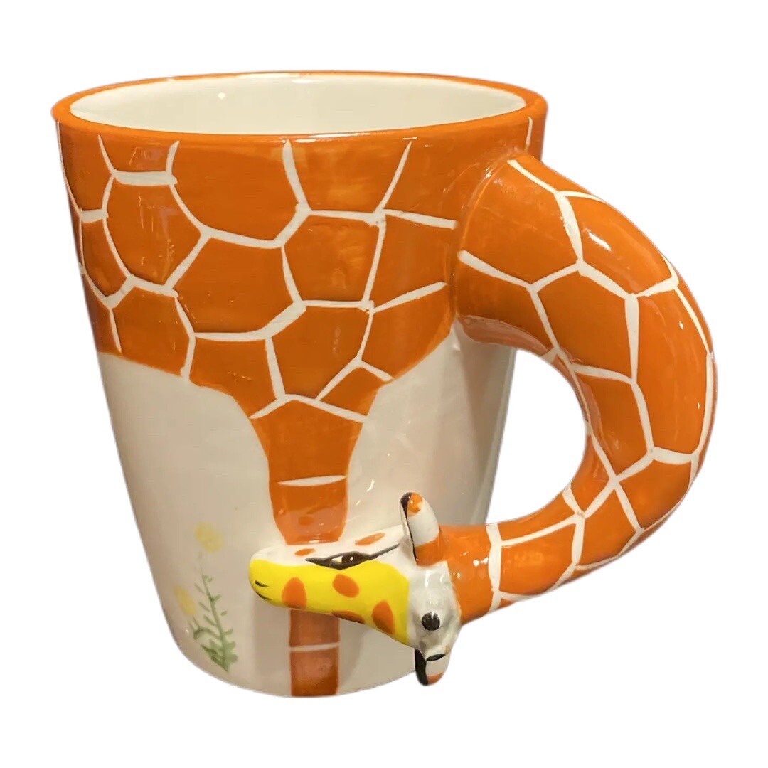 Hand Painted 3D Giraffe Handle Ceramic Coffee Mug Animal Orange Print Tea Cup