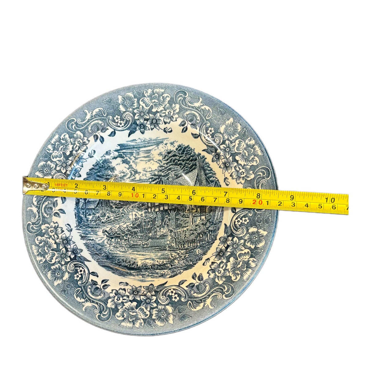 Staffordshire 4-Rim Soup Bowls Engravings 17th Century Blue 8.5"D