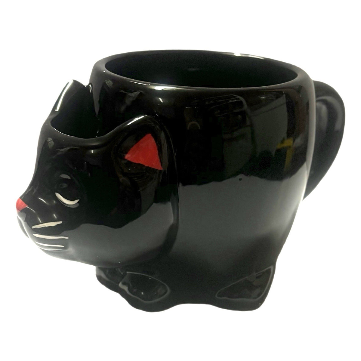 Black Cat Ceramic Mug Red Ears Nose Sculpted Coffee Tea Cup Cute Gift