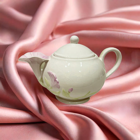 Teleflora Morning Glory Teapot — White Embossed, Pink Floral (Vintage)