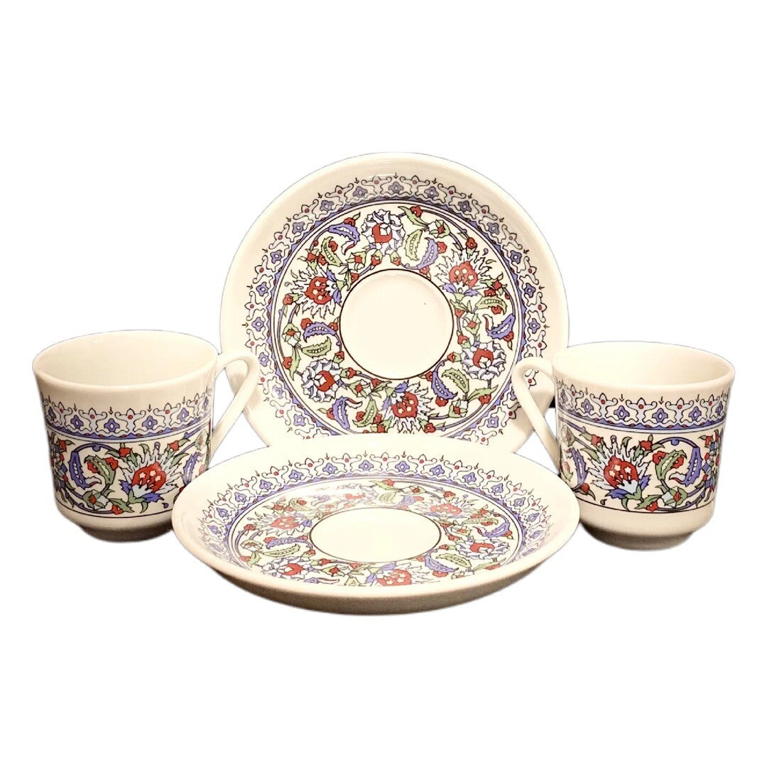 Turkish Coffee Espresso Cups & Saucers Set of 2 Floral Geometric Porcelain