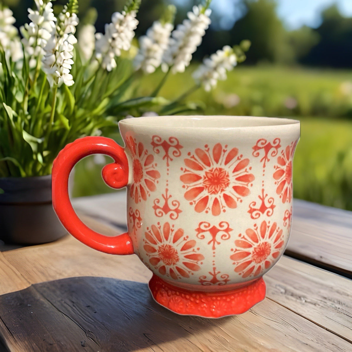Pioneer Woman FLORAL BURST 1-Footed Cup Stoneware Coffee Mug Orange Flower 19 oz