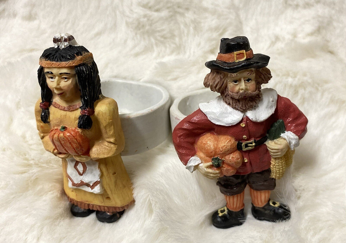Rare Thanksgiving Ceramic Napkin Holder Pilgrim Pumpkin Harvest Boy Girl