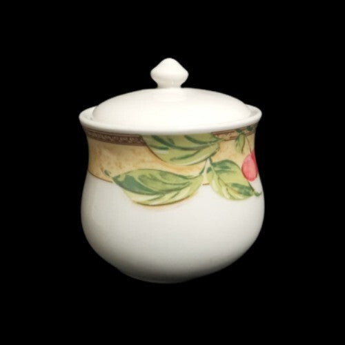 Gibson Designs FRUIT GROVE Sugar Bowl & Lid Cherries Grapes 3 ¾”H White & Fruits