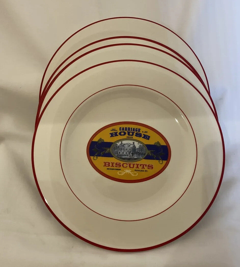 Williams Sonoma Carriage House Biscuits 4 White Luncheon/Salad Plates Red Trim