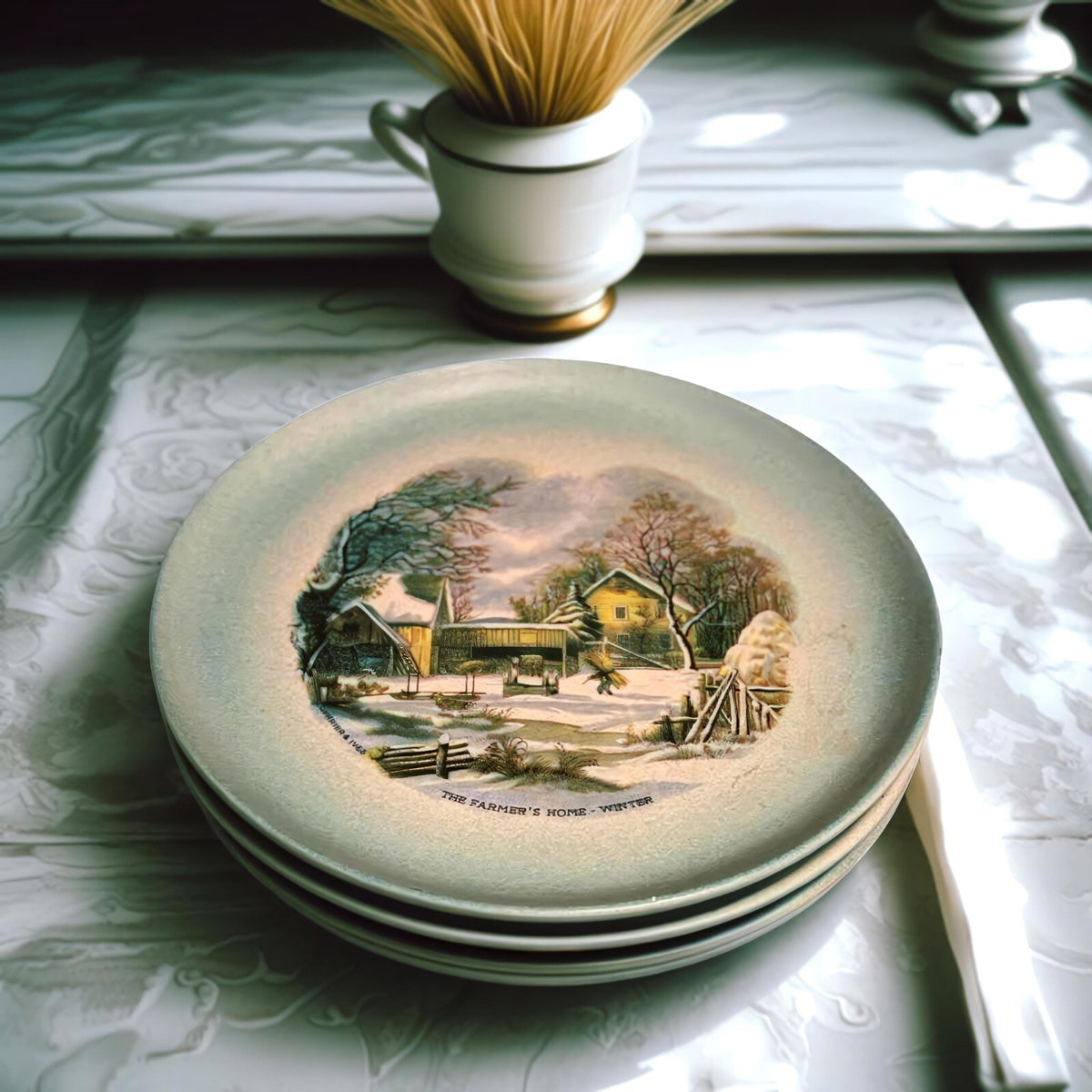 RARE Currier & Ives 4 Plates THE HOMESTEAD IN WINTER Collection BEAGLE APRIL1975