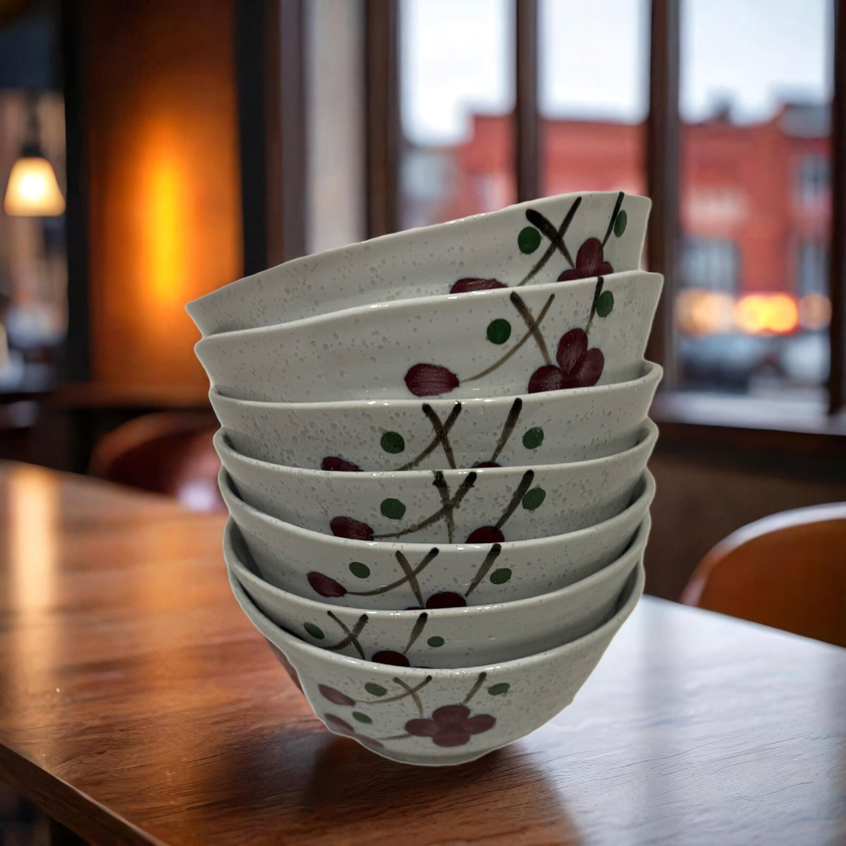 Vintage KoTo 7-Large Bowls Rice Noodle Soup Cups Ceramic Japan Red Blossom