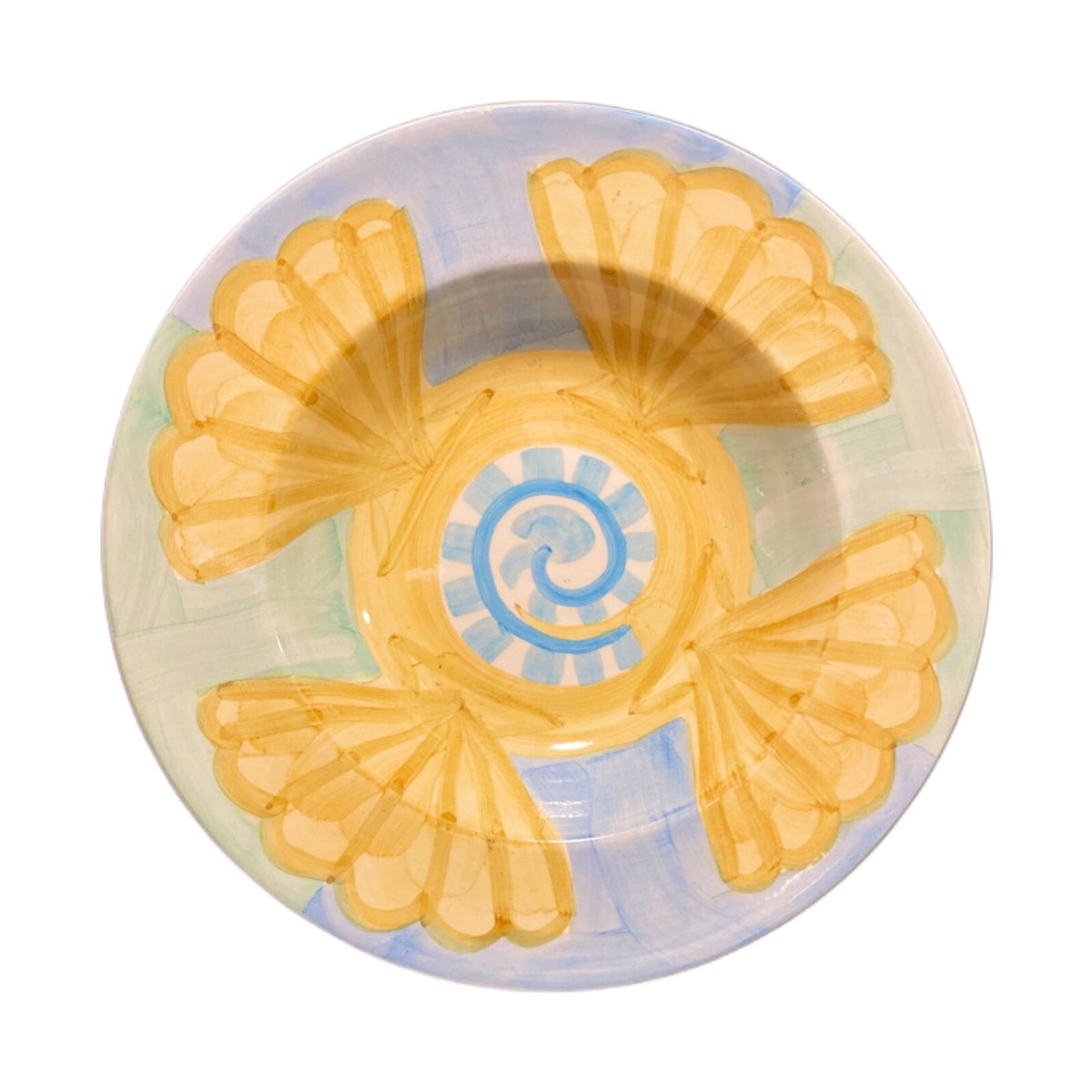 Bella Ceramica SEASHELL 4 Rimmed Soup Cereal or Pasta Bowls Blue Yellow Green