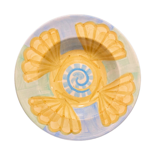 Bella Ceramica SEASHELL 4 Rimmed Soup Cereal or Pasta Bowls Blue Yellow Green