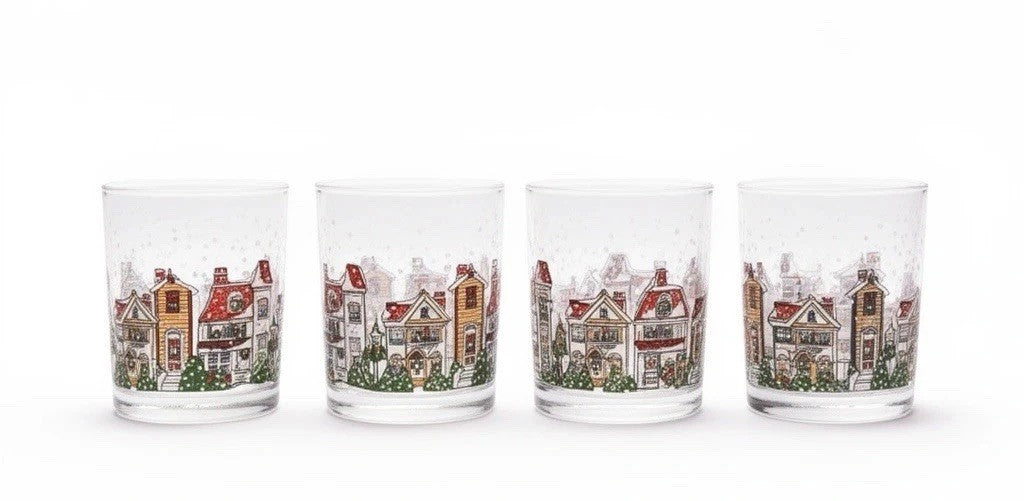 Luminarc D’Arques Dublin 1992 Christmas Village Rocks Glasses Set 4
