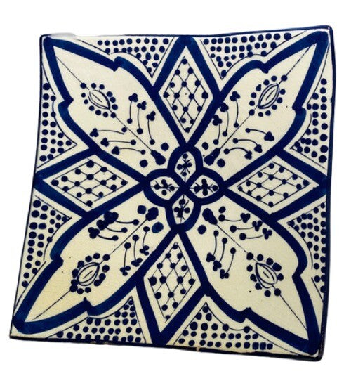 Handmade Moroccan Blue Pottery 4-Plates 6.5” D Square Salad Bread Appetizer Dish