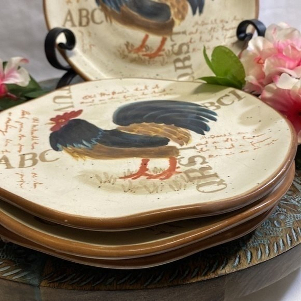 Vintage Rooster 4 Brown Beige Salad/Dessert Free Form Ceramic Plates 8 1/4”D