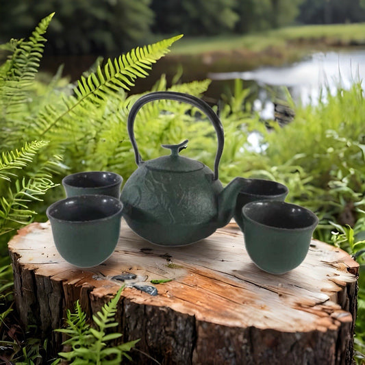 Japanese Cast Iron Teapot Set w/ 4 Cups Green Monkey & Bamboo Enamel Interior