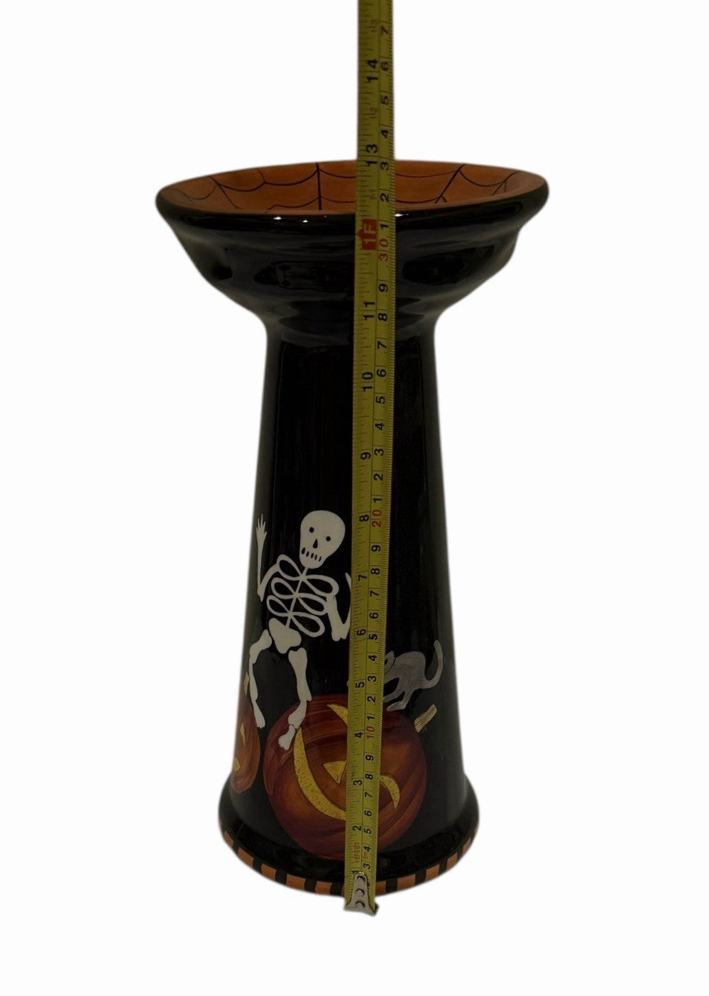 Gates Ware Halloween Skeleton Pumpkin Candy Bowl 11” Pedestal Spiderweb Ceramic