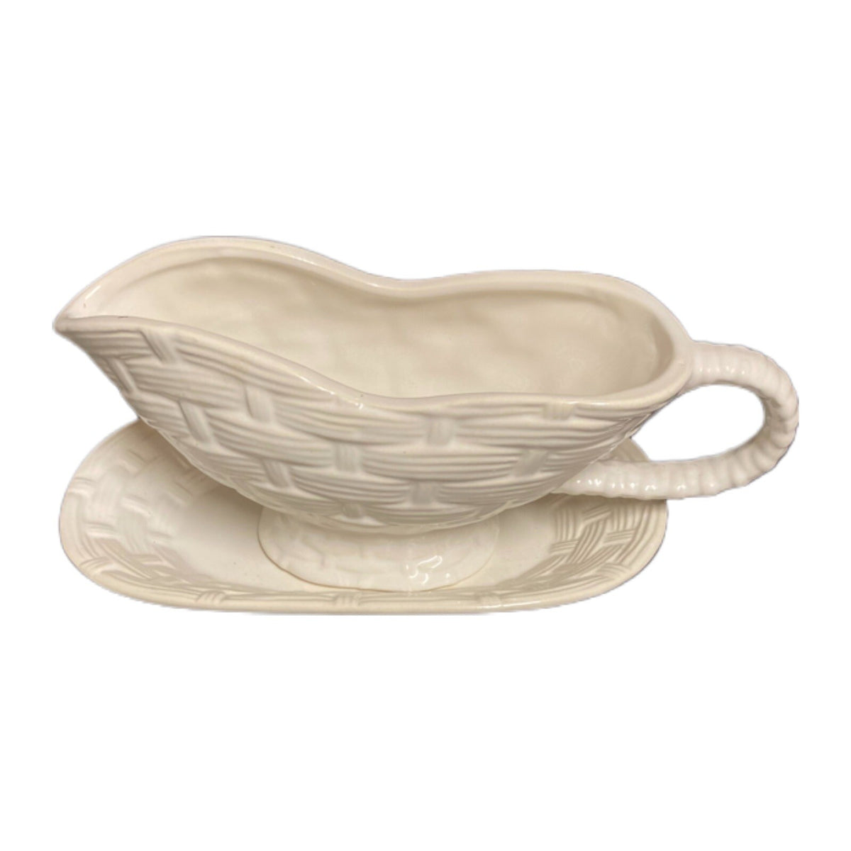 ROSE GARDEN Gravy Boat & Underplate White Basketweave Design Taiwan Stoneware