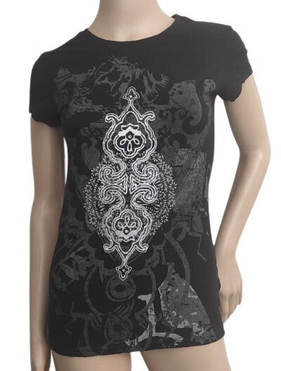 Eco Yoga Prints T-shirt Women Black Silver Top SM. Sustainable Organic Clothing