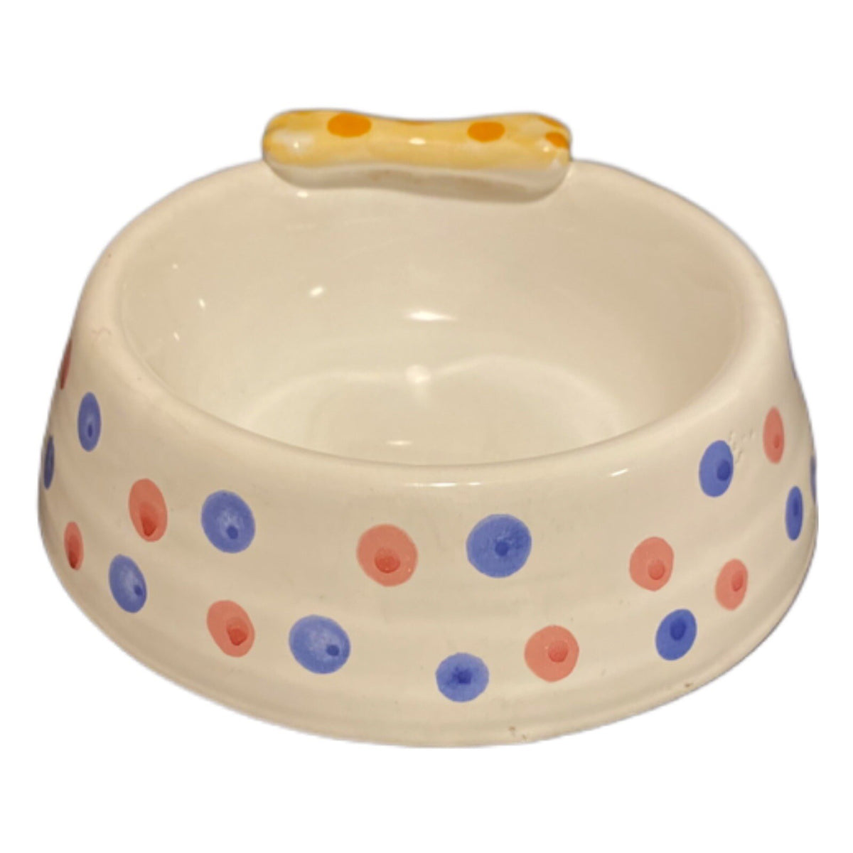 Italian Hand Painted Ceramic Dog Bowl with 3D Bone & Polka Dots | Puppy Dish