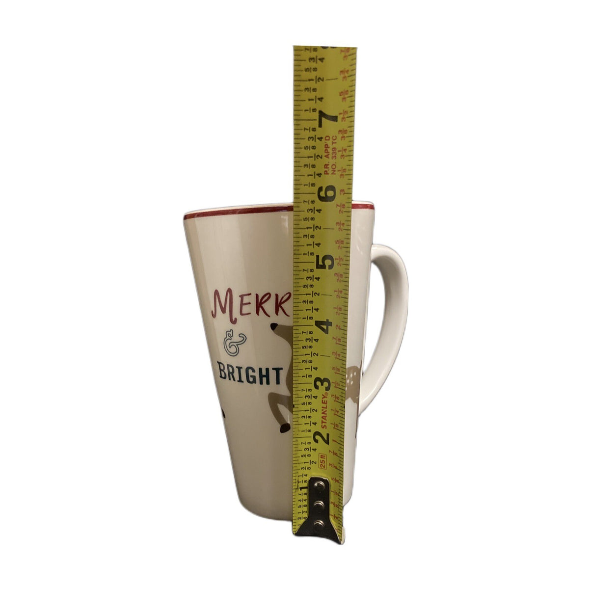 Holiday Home Latte Mug MERRY & BRIGHT Christmas Coffee Tea Reindeer Cup 16 oz.