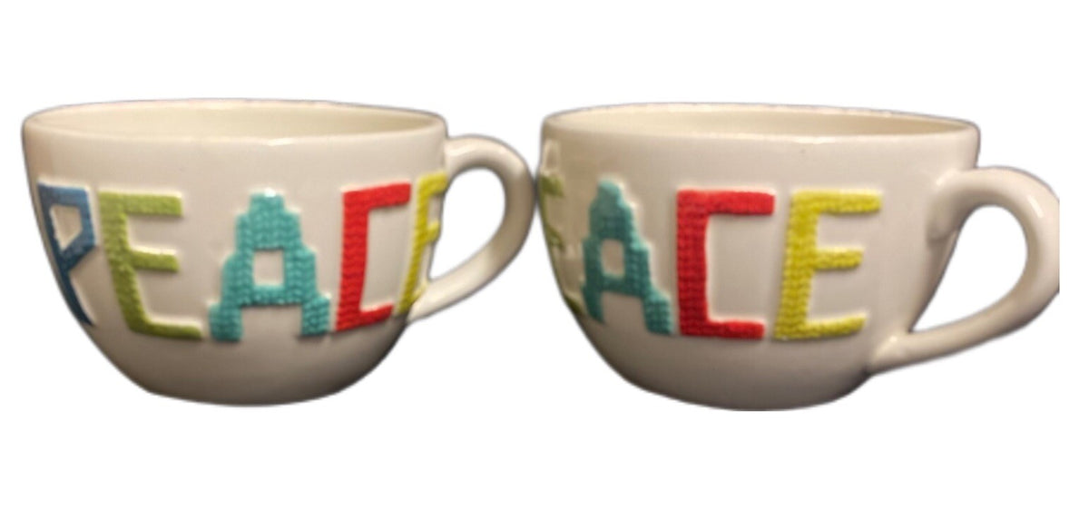 Threshold 2-Mugs PEACE Coffee Tea Stoneware Cream Café au lait Large Cup