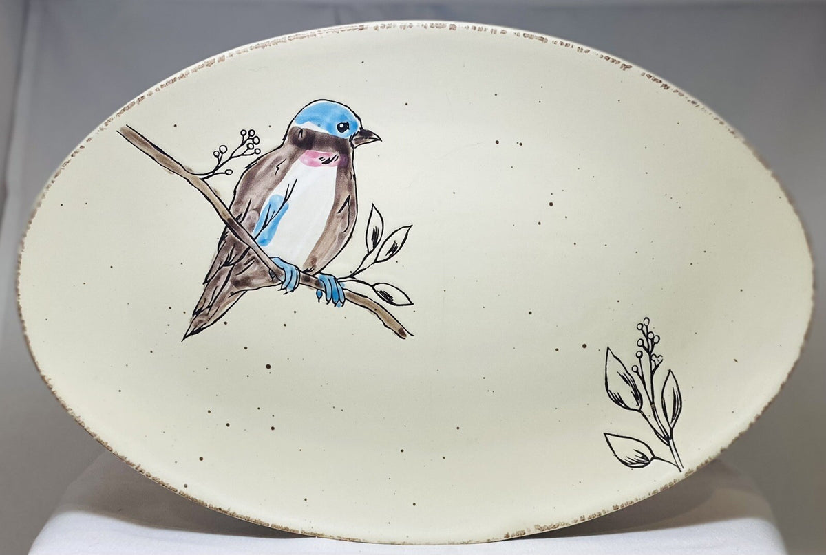 Inhomestylez Oval Ceramic Platter – Hand-Painted Bird Branch Design – 14”