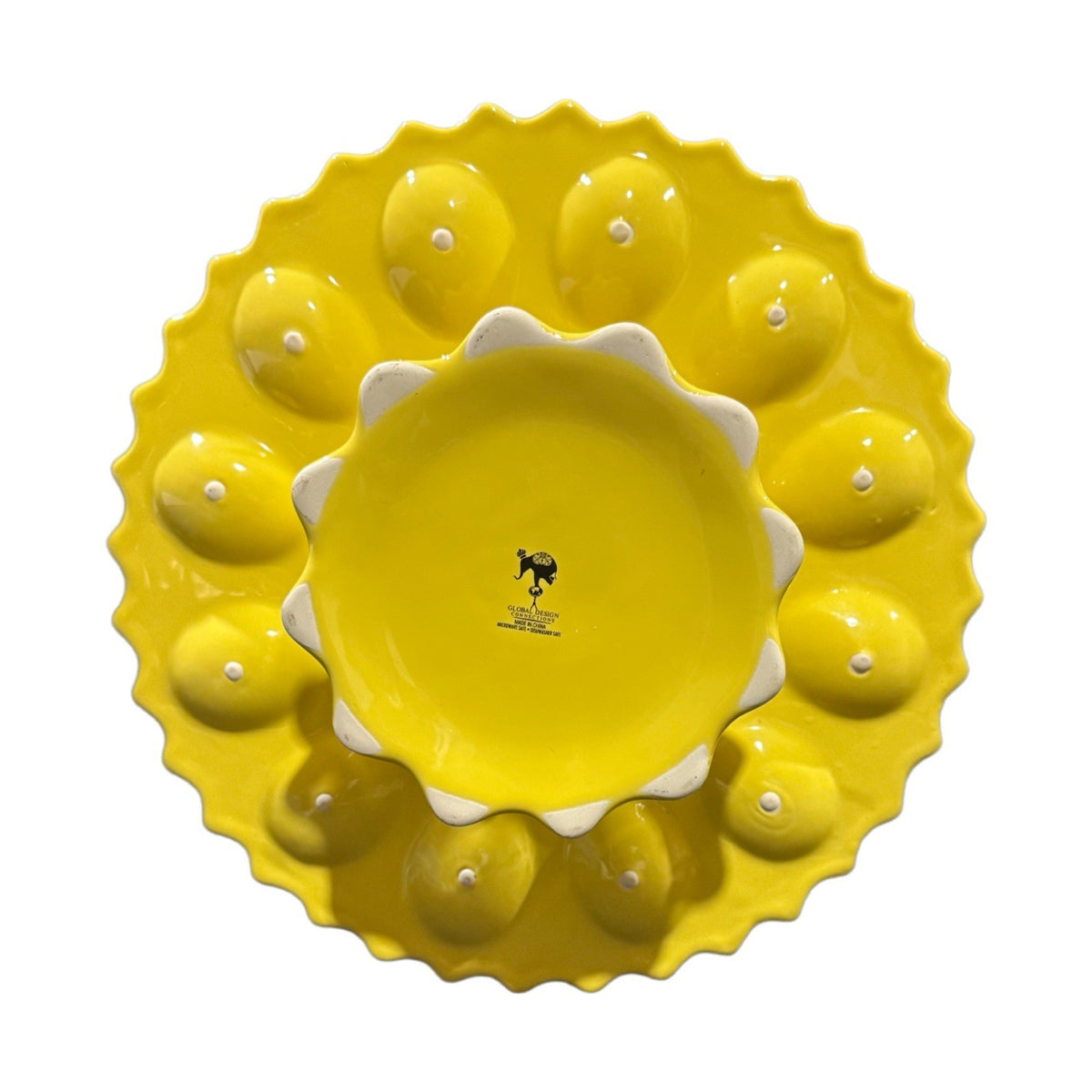 Kate Williams Yellow Deviled Egg Tray Plate 12” Round Holds 16 Eggs Global Desig