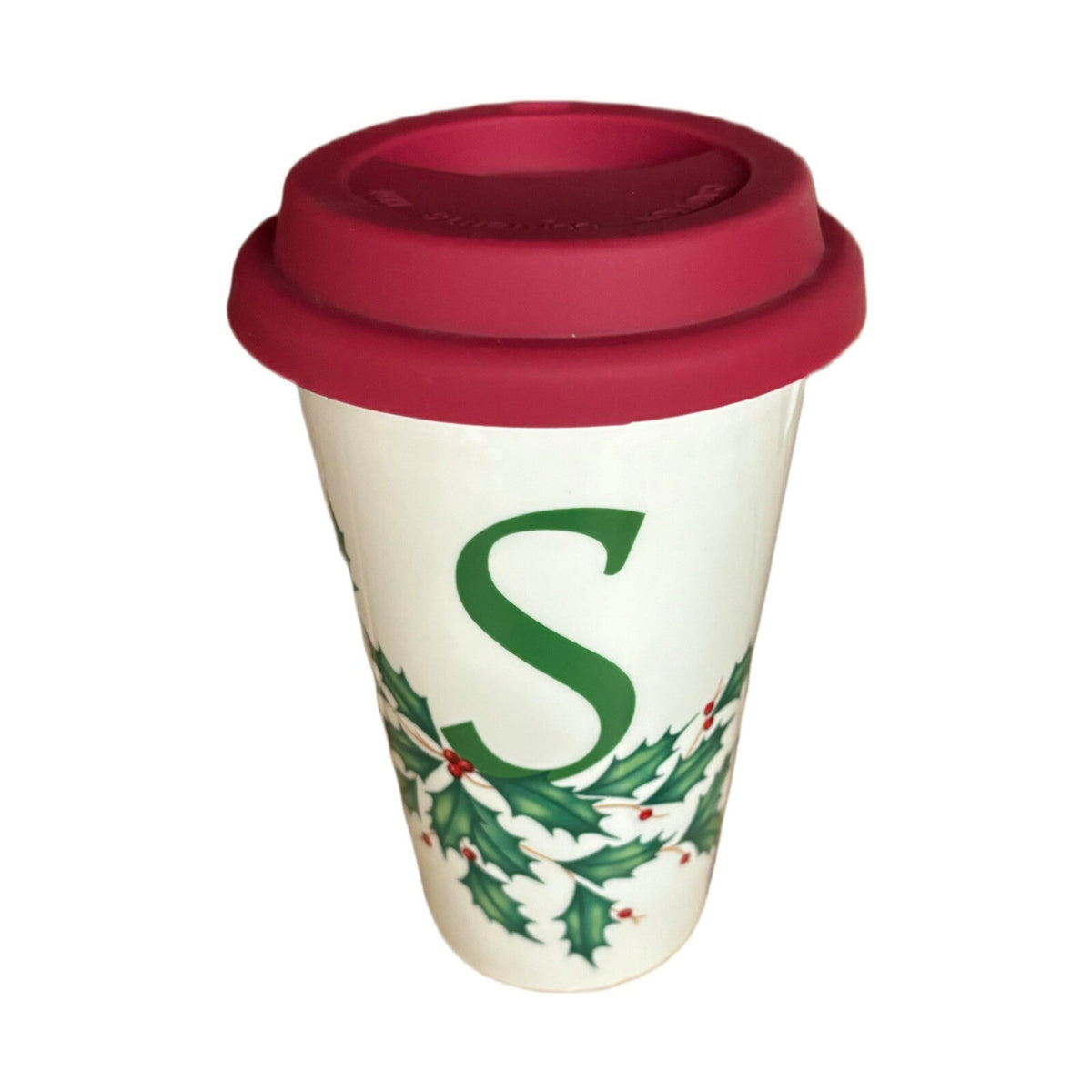 Lenox Holiday Mug Monogram S Ceramic Travel Coffee Tea Winter Cup Holly Berries