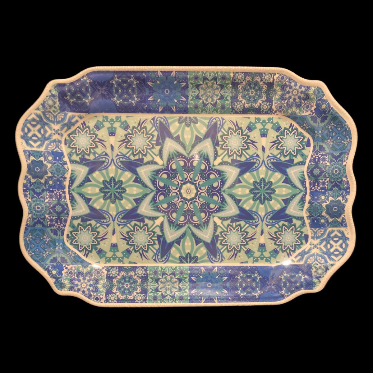 Baci Milano Melamine Serving Tray Medallion Blue Tile Scalloped White Border