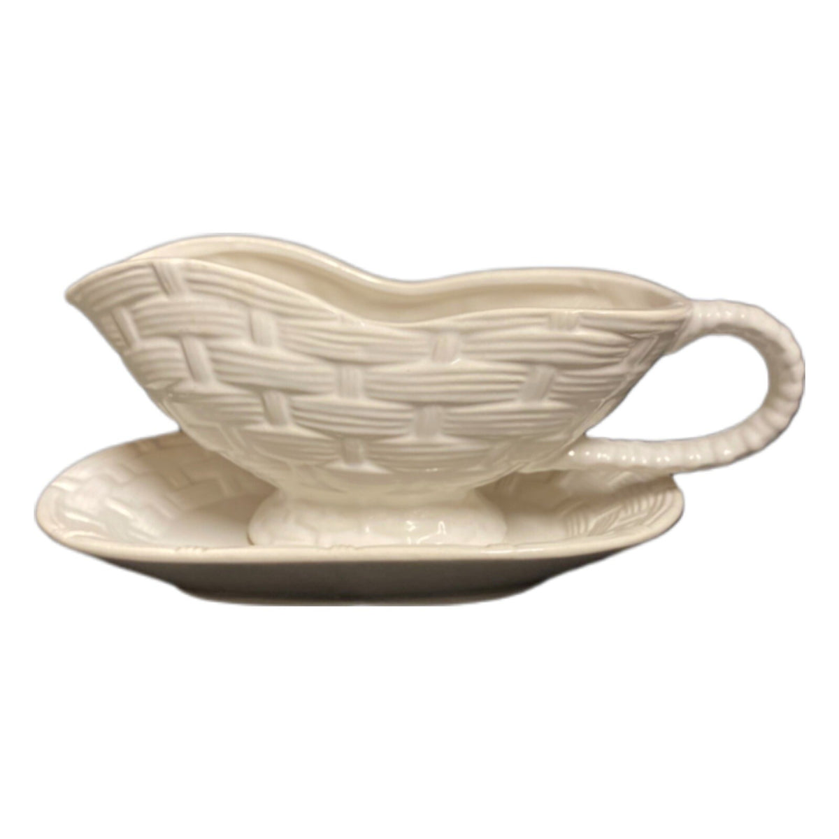 ROSE GARDEN Gravy Boat & Underplate White Basketweave Design Taiwan Stoneware