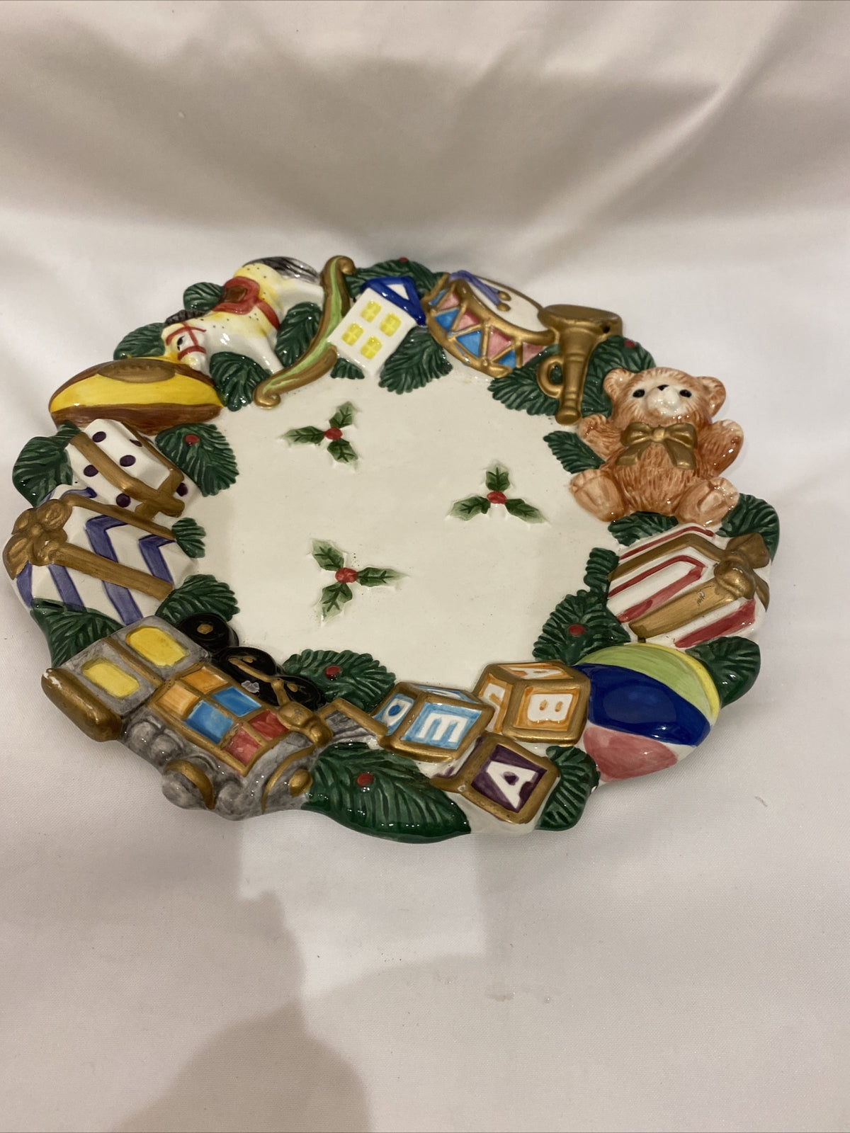 Fitz and Floyd Christmas Decor Plate w/Teddy Bear Toys Trumpet Drums ABC Cubes