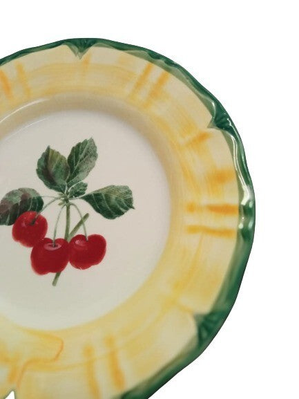 Gibson TUSCANY Salad Plate Cherries 8 ¼” D Yellow Border Green Trim Dessert Dish