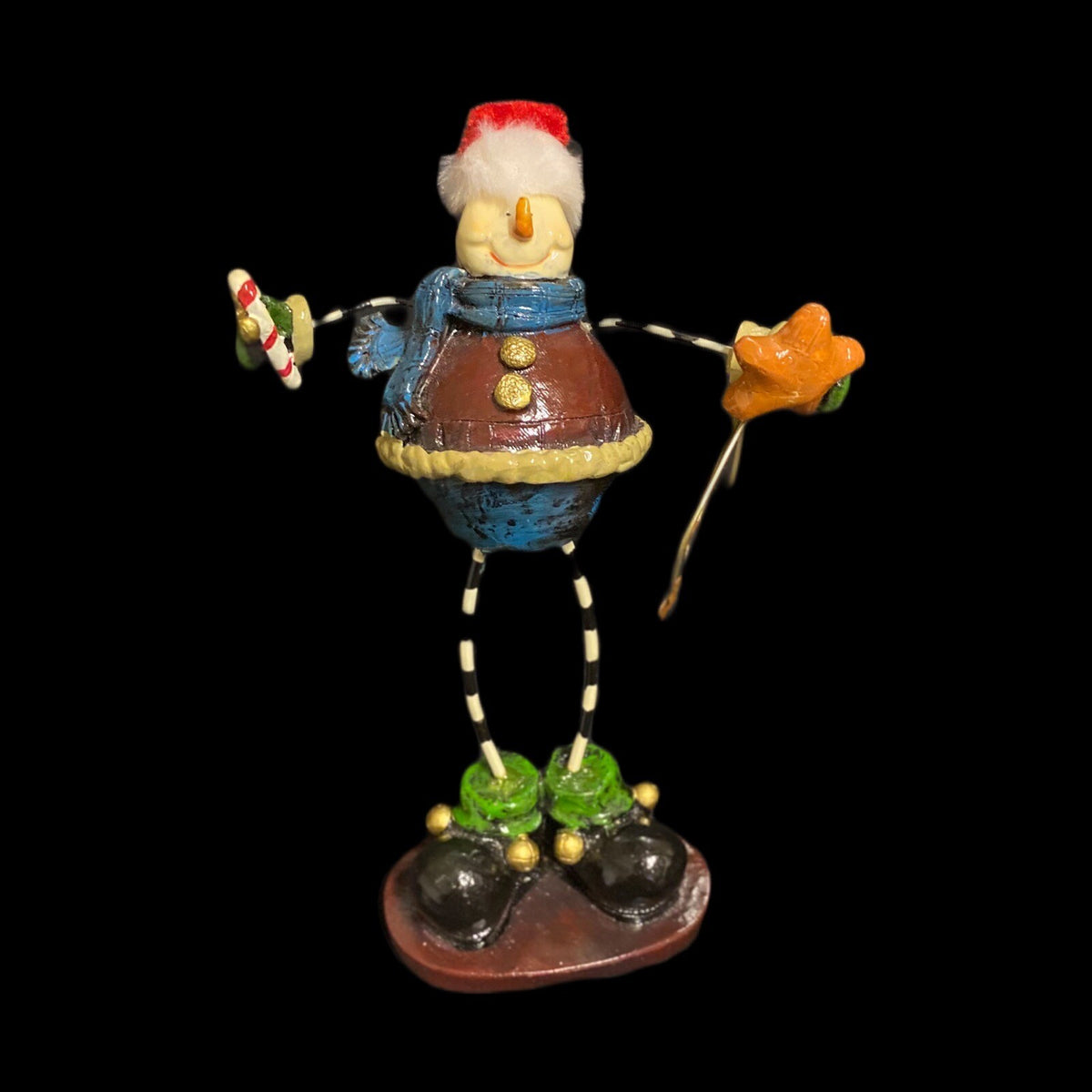 Christmas Snowman Stand Santa Hat With Bell Metal Wire Holding Stars Candy Cane