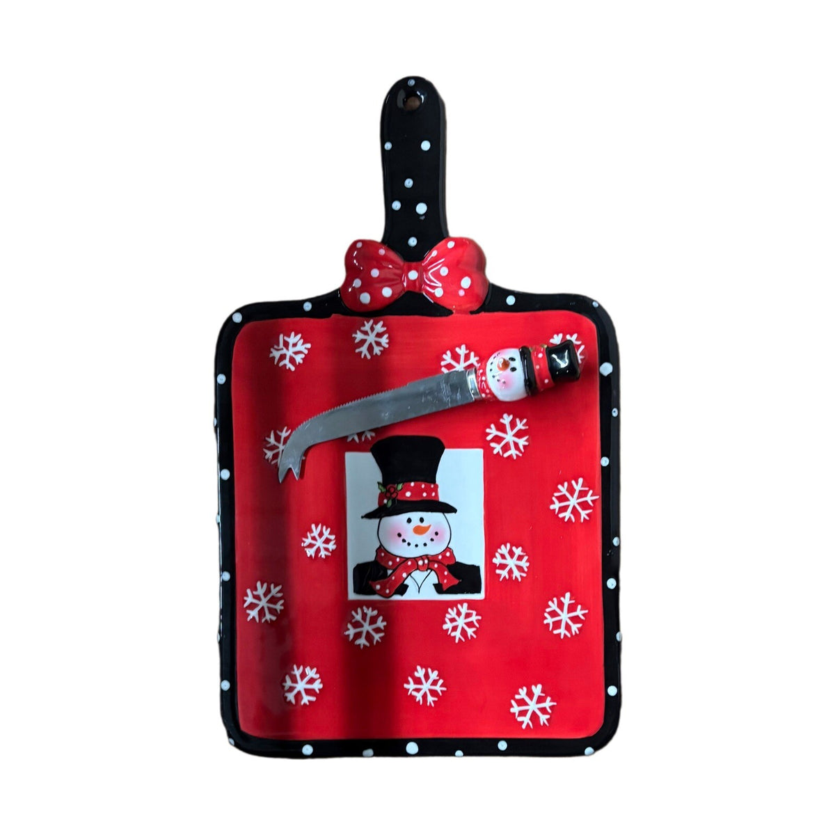 PIL Cheese Board & Knife Slicer Winter Christmas Charcuterie Tuxedo Snowman Red