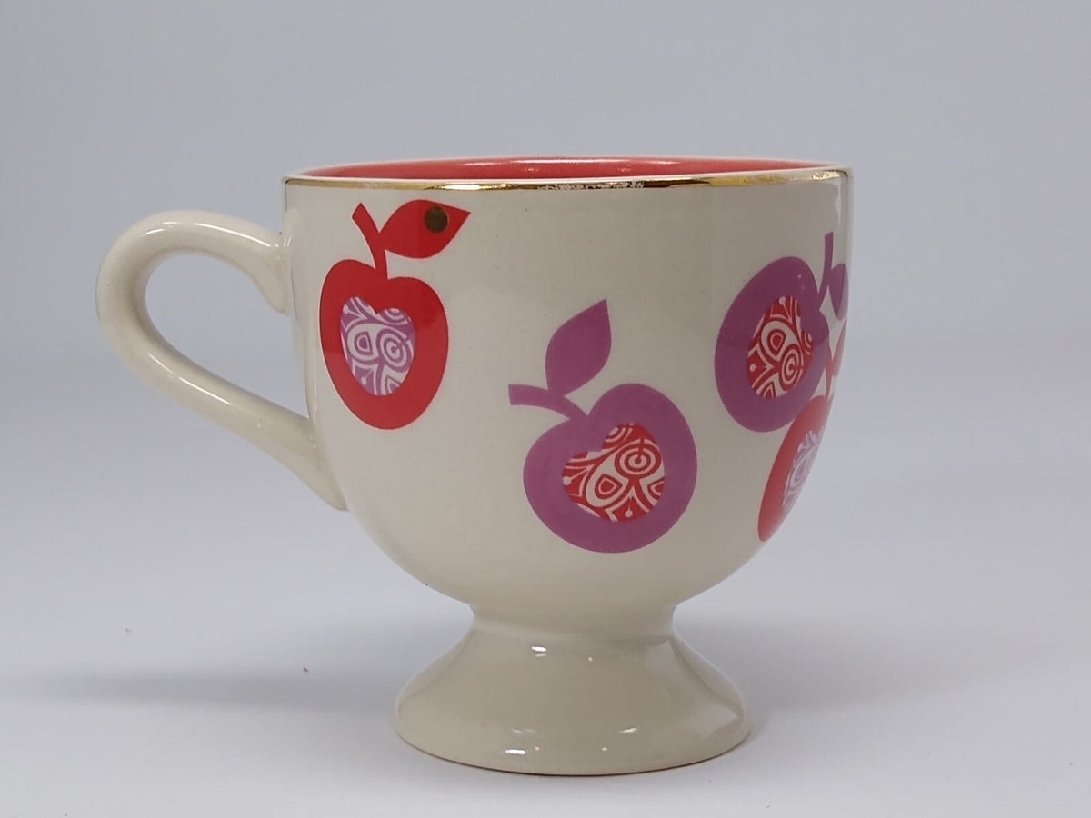 Anthropologie Pedestal Mug Apples 8oz White Red Interior Ceramic Tea Coffee Cup