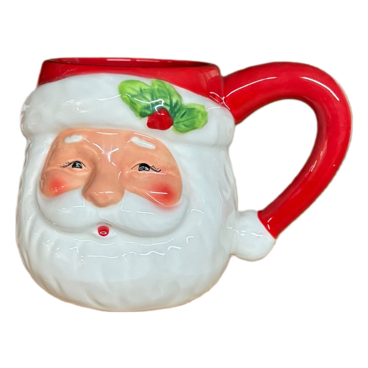 Pier 1 Imports 2- Mugs Santa & Mrs Claus Coffee Cups Hand Painted Dolomite 18oz