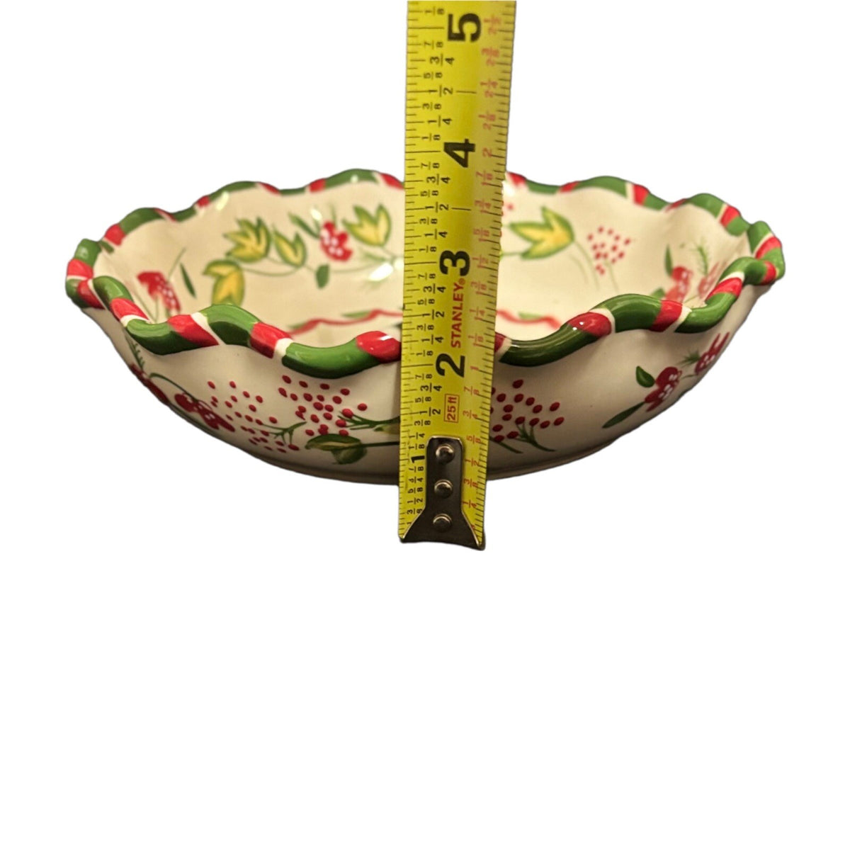BOSTON WAREHOUSE Serving Bowl Scalloped Christmas Tree Floral Red Green Dish