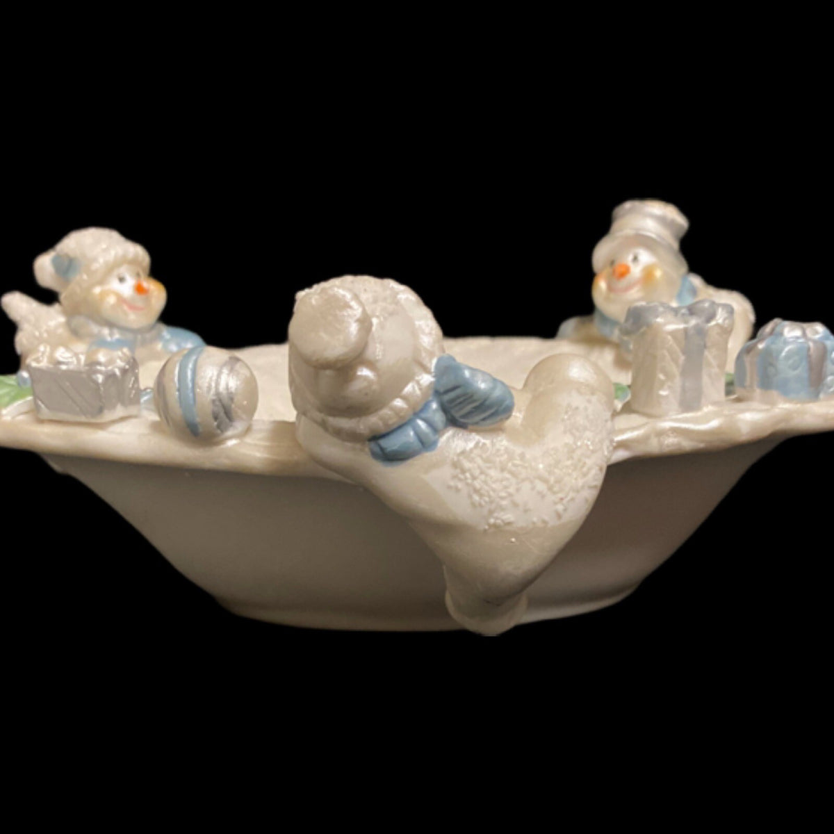 Holiday Sparkle Candy Dish SNOWMAN Christmas Ceramic White Snowmen Trinket 8"L