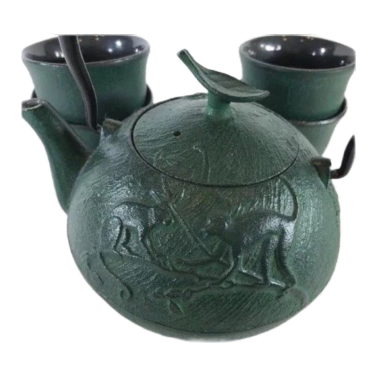 Japanese Cast Iron Teapot Set w/ 4 Cups Green Monkey & Bamboo Enamel Interior