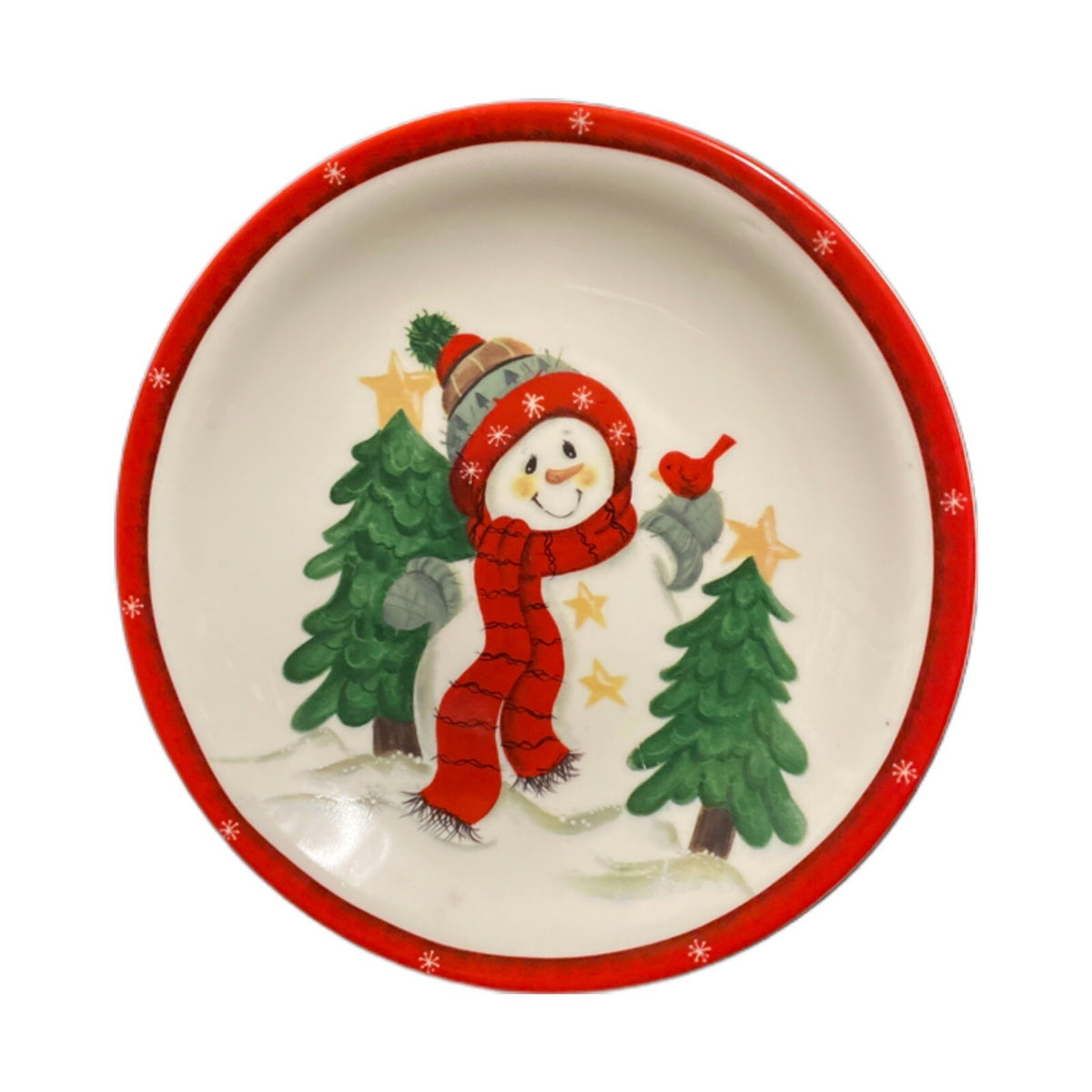 Studio 33 2-Salad Plates Holiday Snowman Red Bird Christmas Tree Stars Red Trim