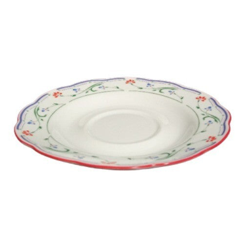 Gibson Designs GRACE 6-Saucers 5 7/8" D Blue Red Flowers Green & Blue Lines