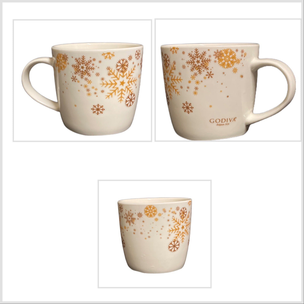 GODIVA BELGIUM Mug Christmas Snowflakes Coffee Tea Gold Winter Ceramic Cup 1926