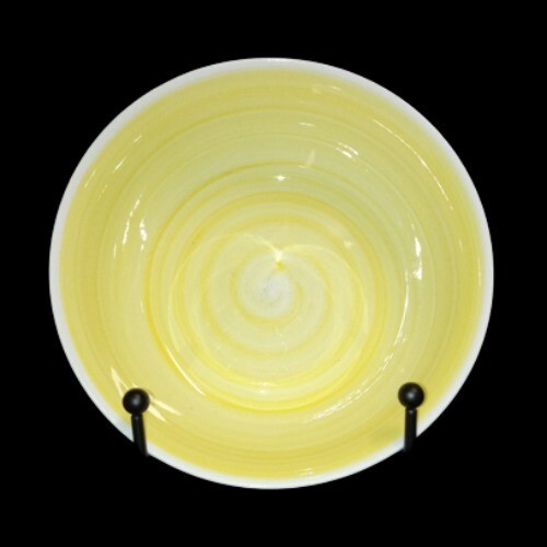 Gibson Designs TAVERNWARE YELLOW 2-Fruit Bowls 5 5/8”D Yellow Band Blue Rings 