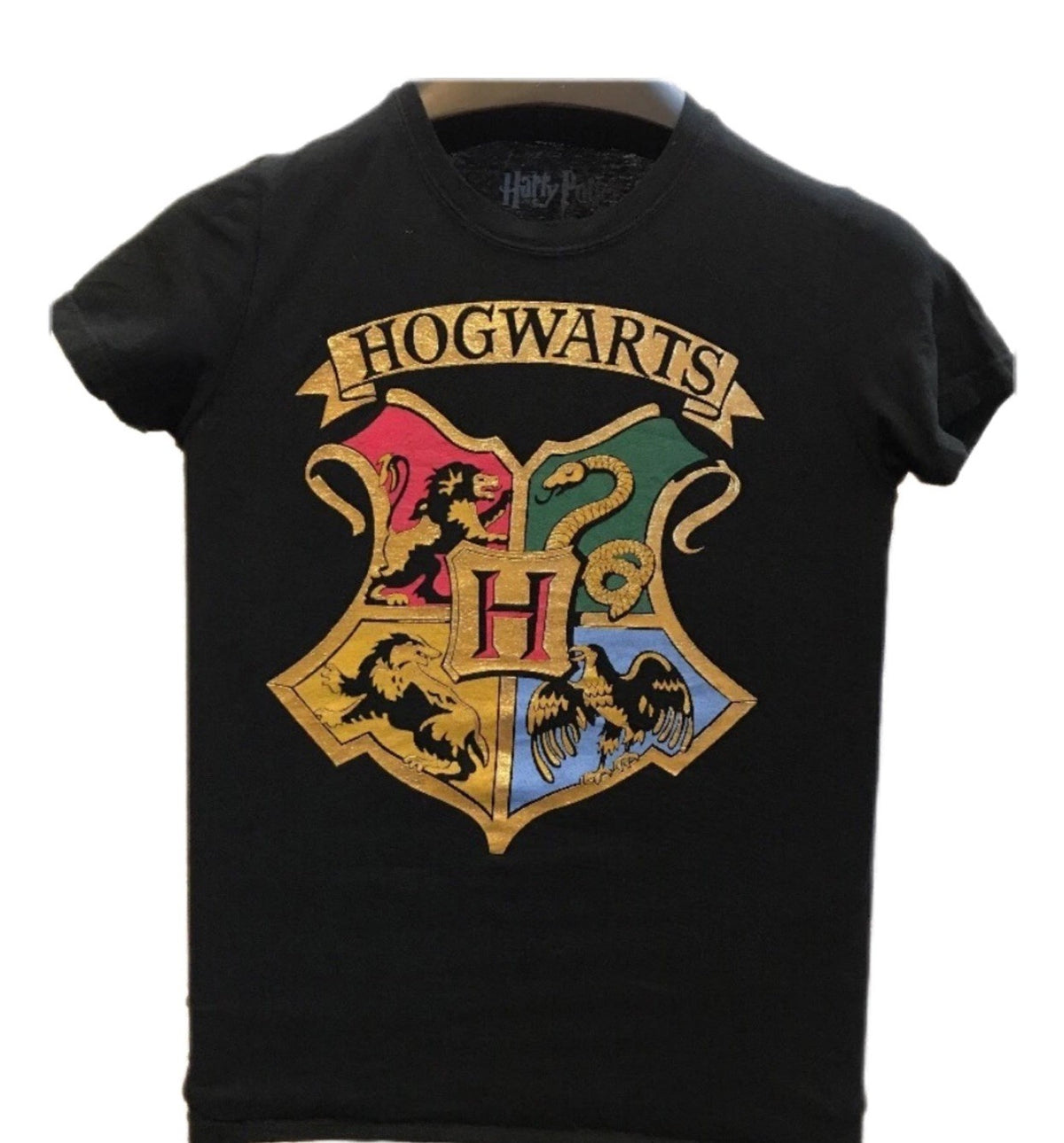 Harry Potter Hogwarts Black Tee Women’s M Warner Bros Gold Crest 100% Cotton