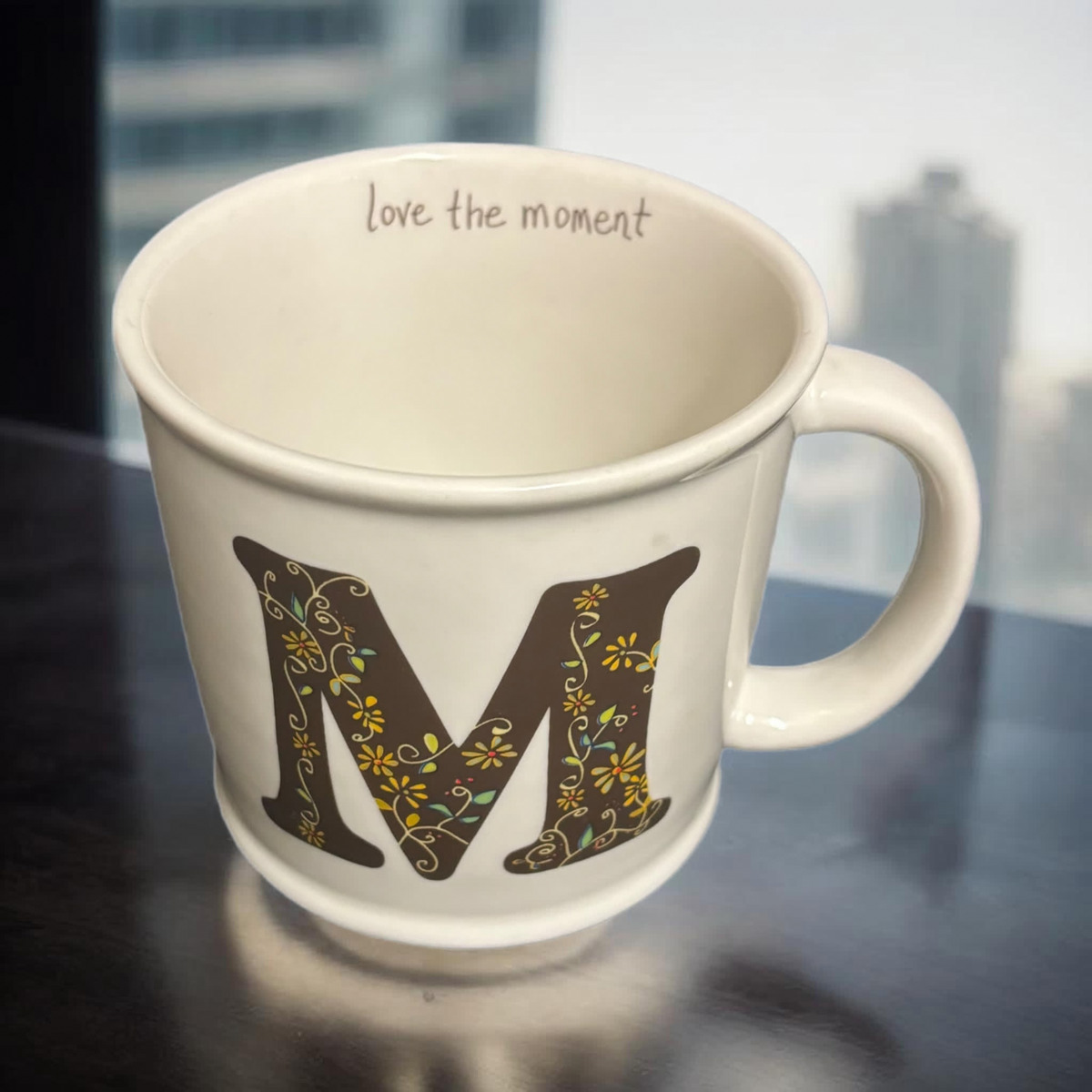 Natural Life Mug Letter M Love The Moment Initial Monogram Floral Coffee Tea Cup