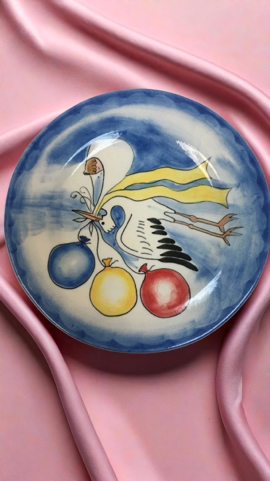Mesa Intl Stoneware Plates Set/4 Hand Painted Stork Baby Shower 8.5” Oven Safe