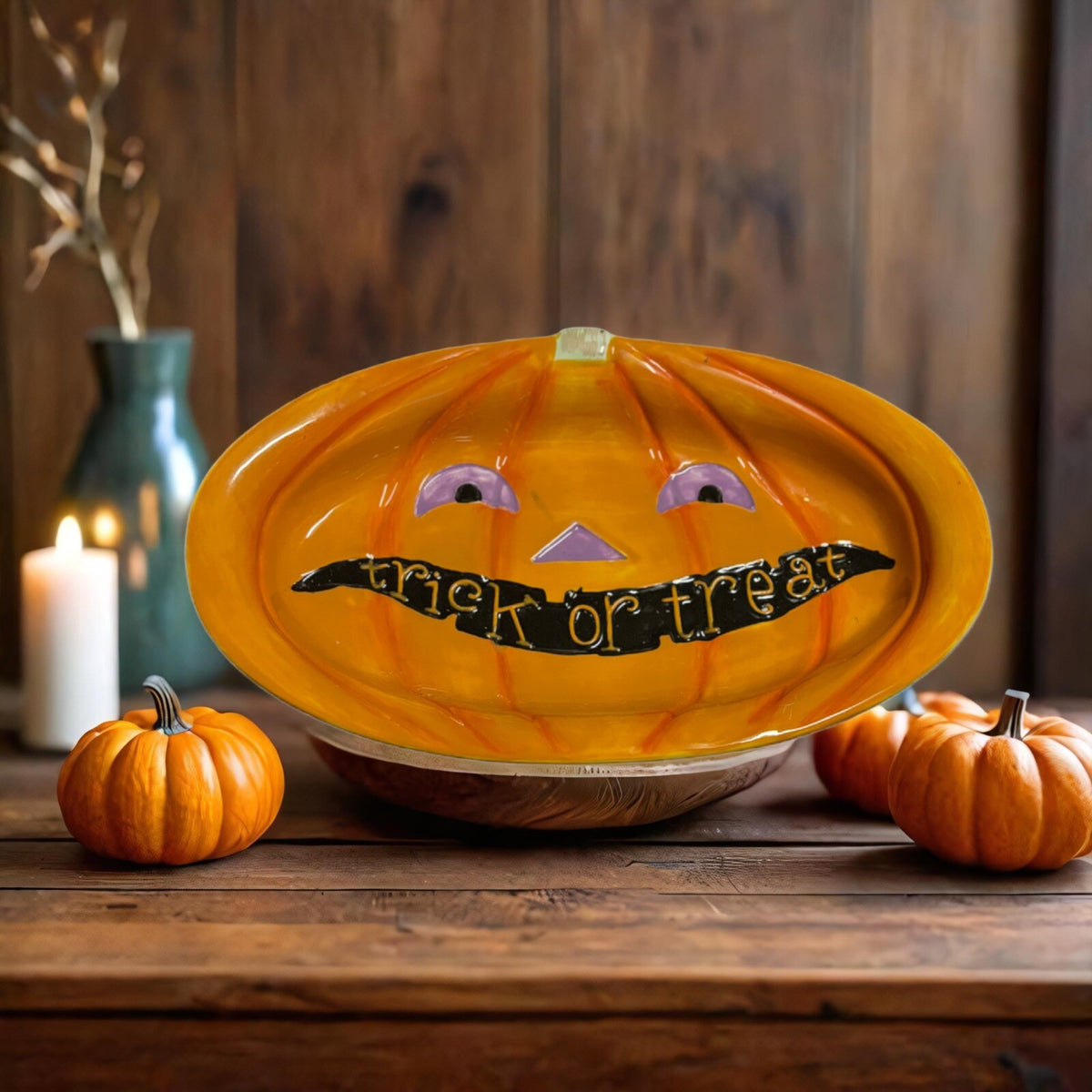 DENNIS EAST Halloween Orange JOL Trick Or Treat Candy Dish 2007 Ceramic 13 1/2”L