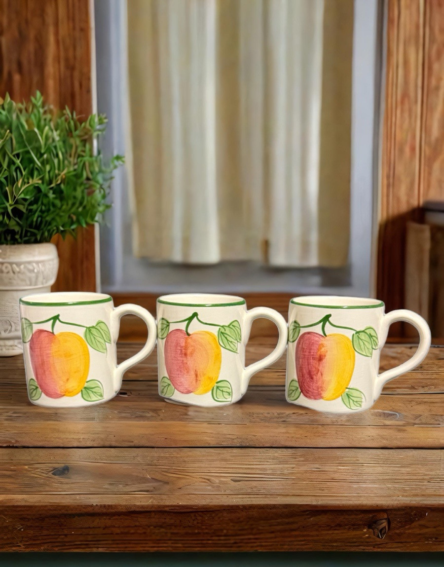 C & R 3 Dessert Plates 3 Mugs Fruit Apple Green Trim Thailand Dessert Coffee