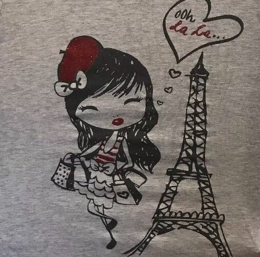 Lily Blue Ooh La La French Girls T-Shirt Lace Embellished Glitter Eiffel Tower L