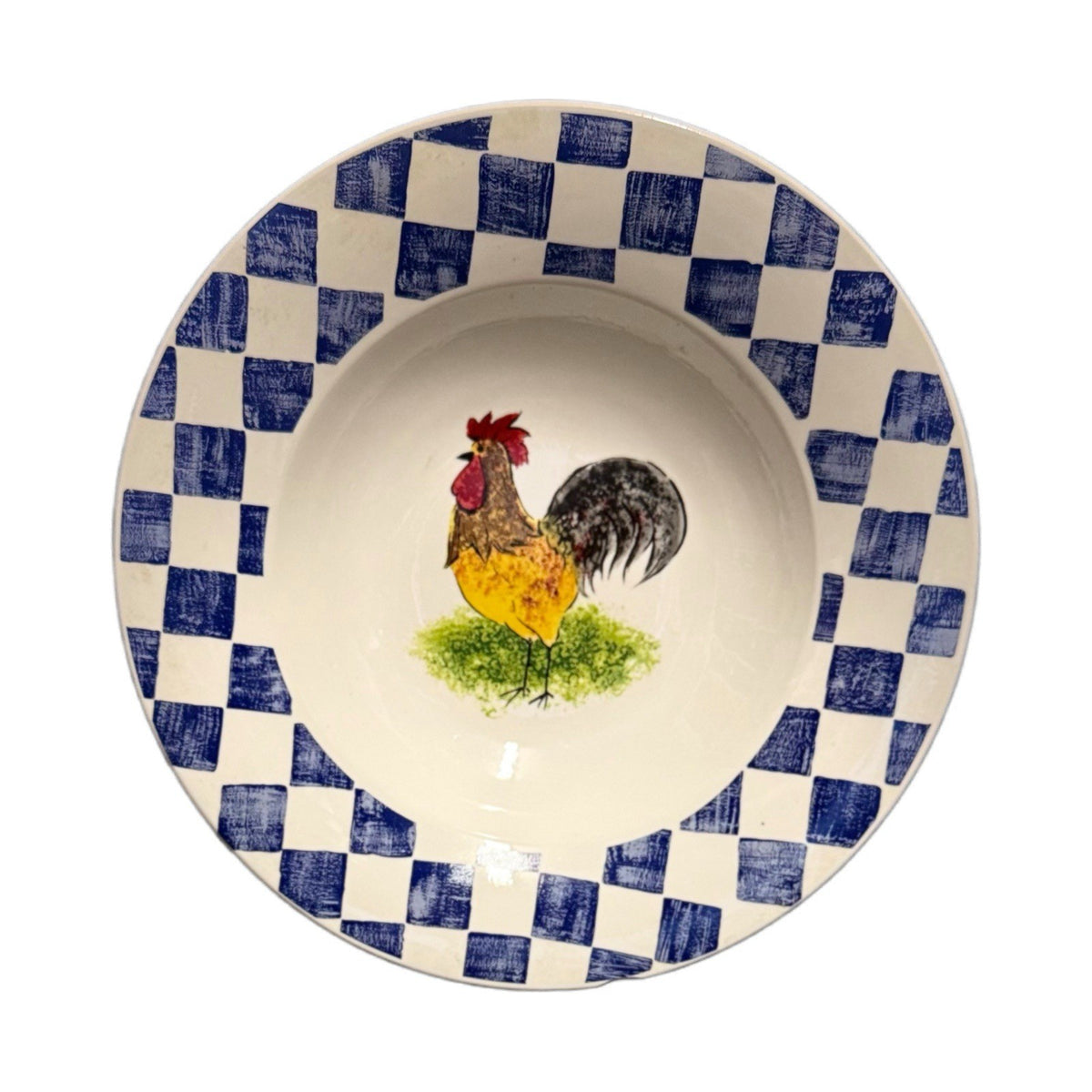 Tabletops Unlimited Countryside Rooster Pasta Serving Bowl 12.5” Blue Check Rim