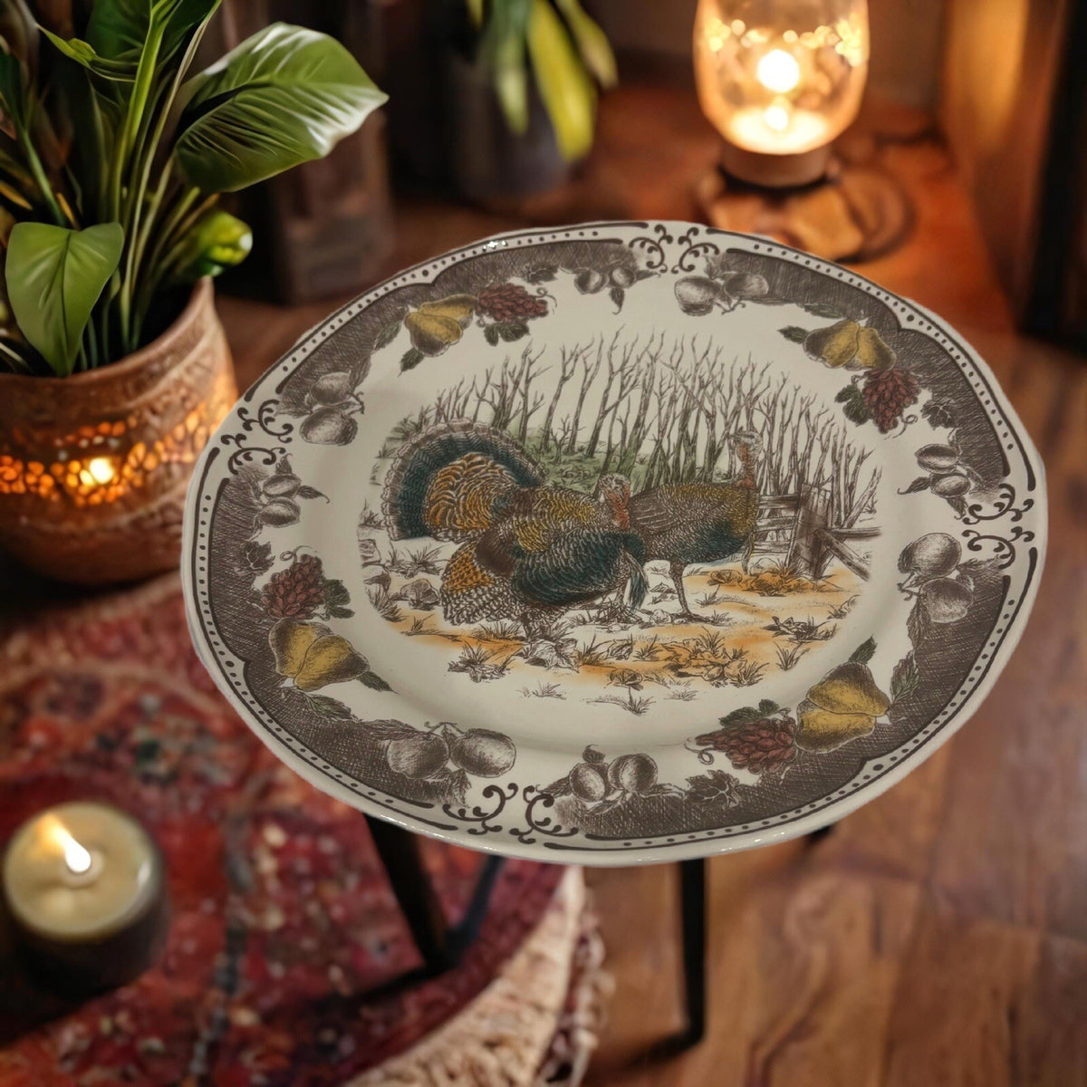 Turkey Platter Thanksgiving Round Serving Tray Fruits Floral Harvest Holiday