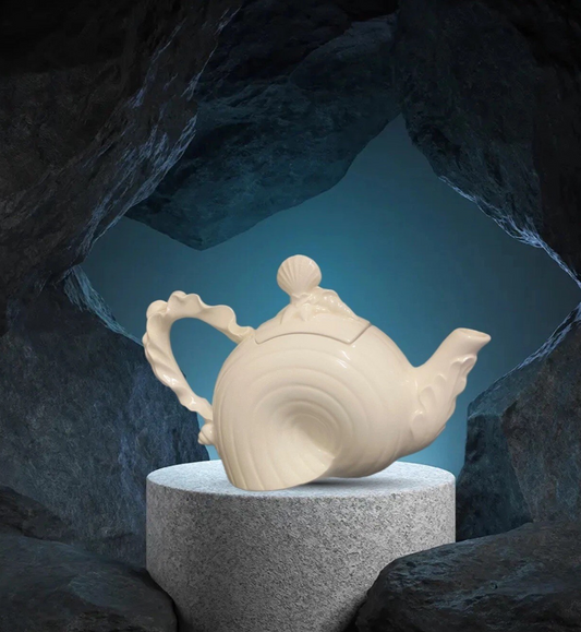 Cream Seashell Ceramic Teapot Coastal Beach Cottage Decor Wave Handle Shell Lid